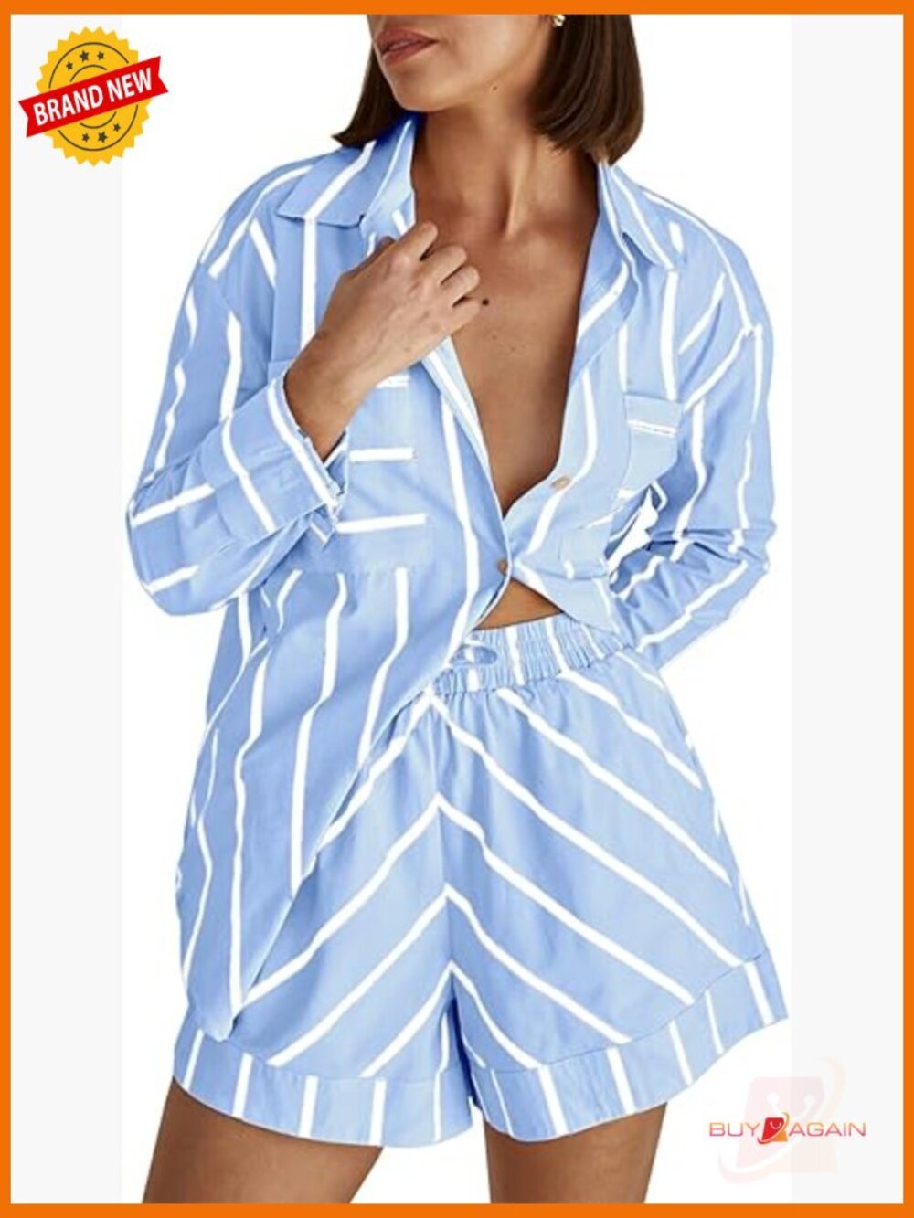 Striped 2 Piece Set Button Down Shirt & Drawstring Shorts Summer Lounge